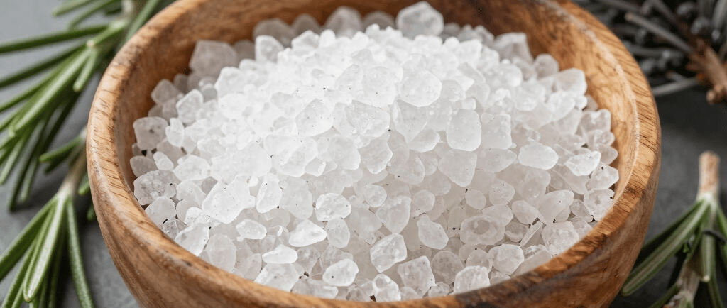 Coarse white sea salt in a small wooden bowl with fresh rosemary sprigs on a black slate tray.