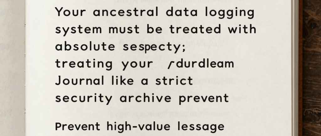 An open notebook on a wooden table displaying text about the Cryptographic Ledger and data logging systems.