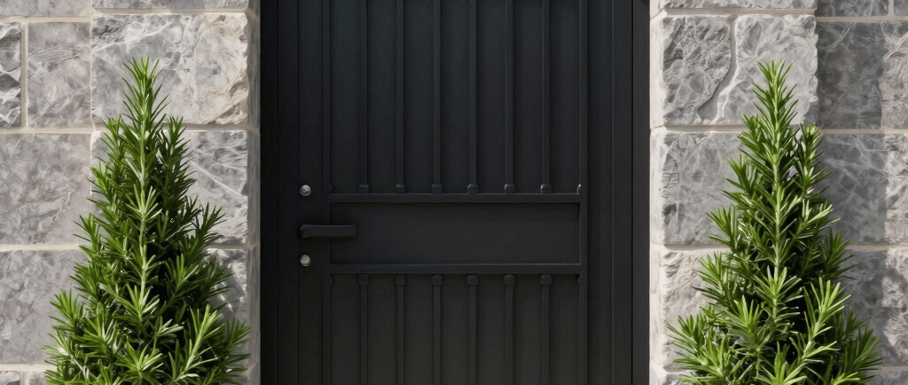 Elegant black wrought iron pedestrian gate set between stone pillars with potted evergreen trees.