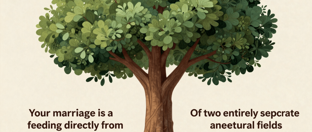 Illustration of a leafy green tree with deep roots and text about marriage and nature.