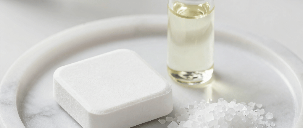 A white square shower steamer, essential oil vial, and bath salts on a marble tray for aromatherapy.