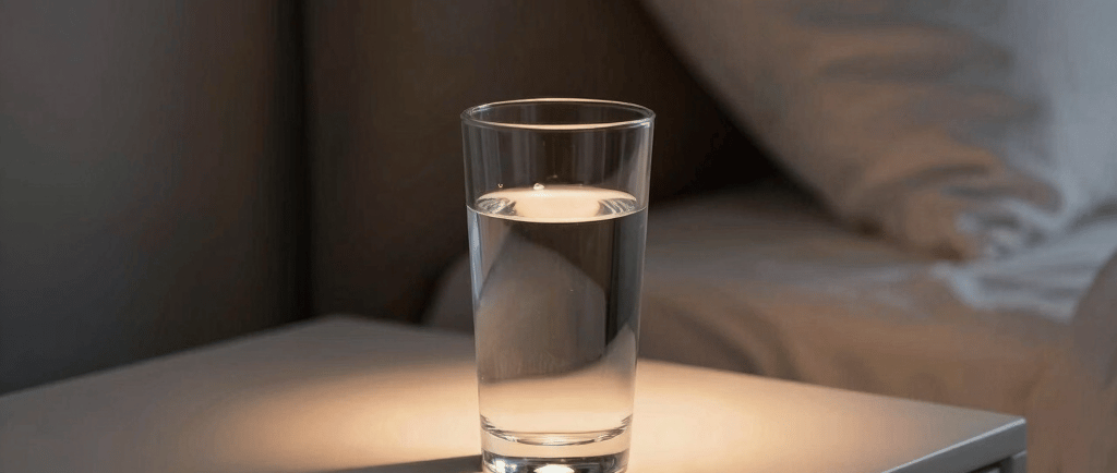 A clear glass of water sitting on a white bedside nightstand in a dimly lit bedroom.