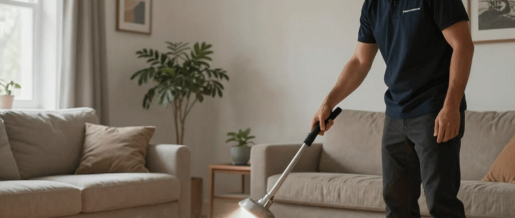 Professional cleaner using a steam wand to deep clean an area rug in a living room.