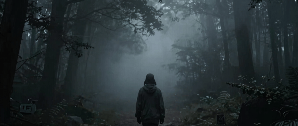 A mysterious person walking through a dark, foggy forest path at dawn with the text Path Opening.