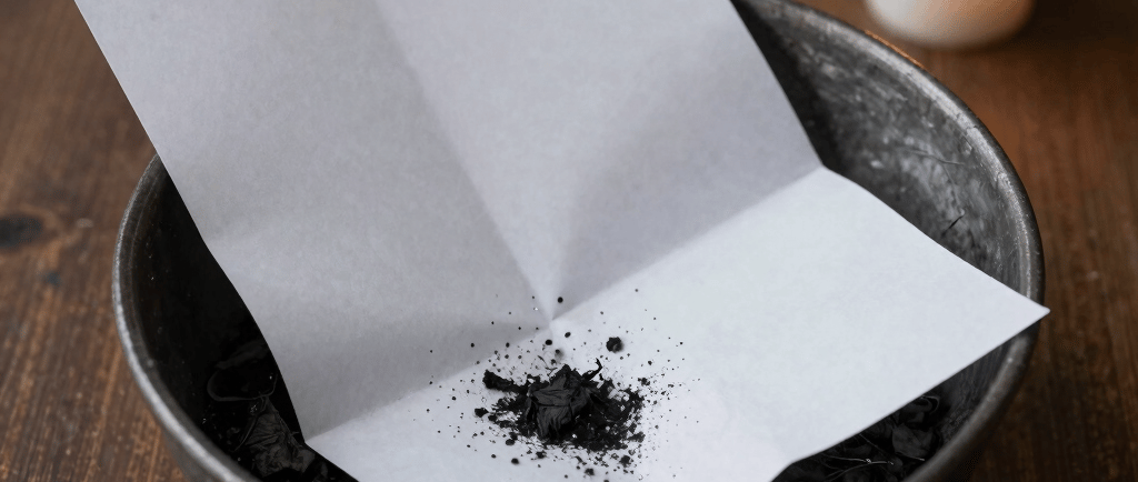 Black ritual ashes on a white paper over a bowl with a lit candle on a wooden table.