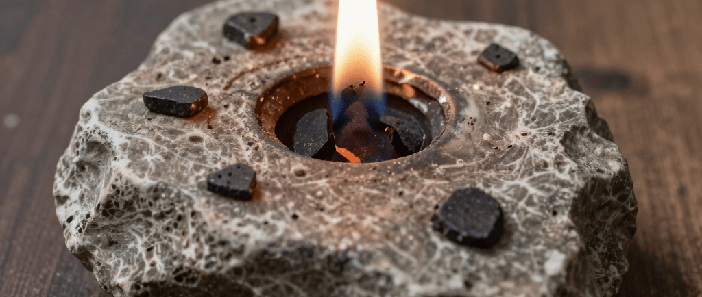 A decorative rustic stone oil lamp with a glowing flame on a dark wood table.