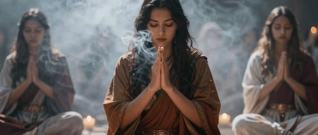 Women practicing mindfulness meditation in a spiritual ceremony with incense smoke and candles.