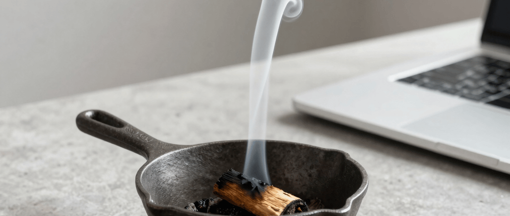 Burning palo santo stick in a mini cast iron skillet on a desk with a laptop for office aromatherapy.