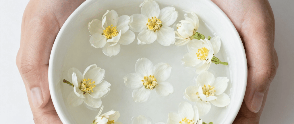 Hands holding a ceramic bowl of water with floating jasmine flowers for spa aromatherapy.