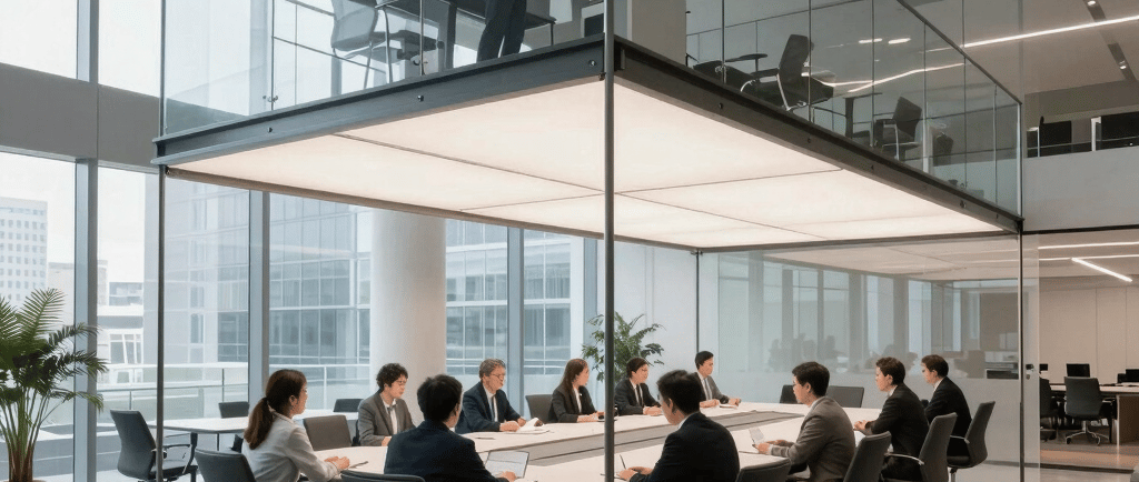 Professional business team having a corporate meeting in a modern glass office with a mezzanine floor.
