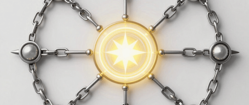 A silver metallic chain wheel with a glowing golden star center on a white background.