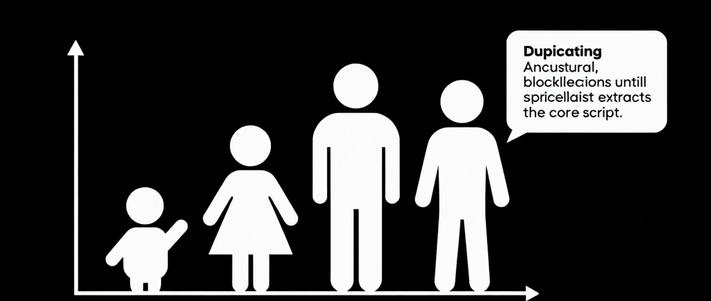Infographic showing family growth icons on a chart with text about generational duplication and core scripts.