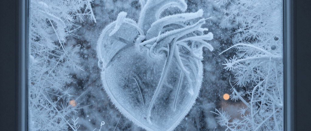 A realistic anatomical heart formed from ice crystals and frost on a window pane in winter.