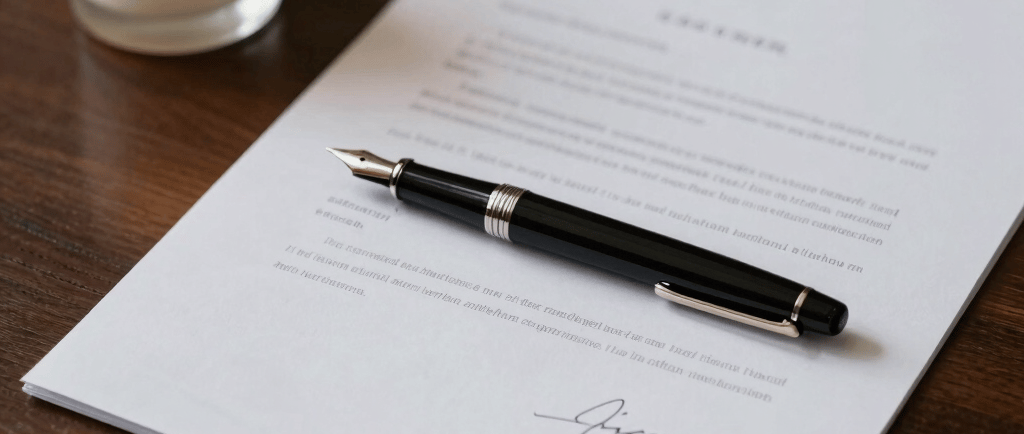 A luxury black fountain pen resting on a signed document next to a lit candle on a wooden desk.