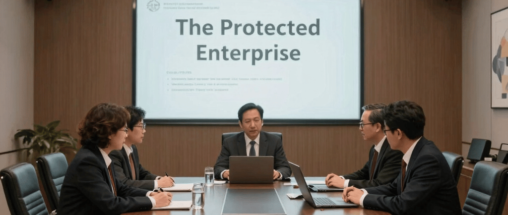 Business executives in a boardroom meeting discussing enterprise security strategy and corporate protection.