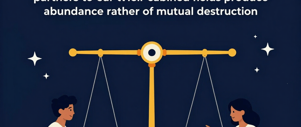 Illustration of a man and woman sitting at scales representing systemic equilibrium and relationship balance.