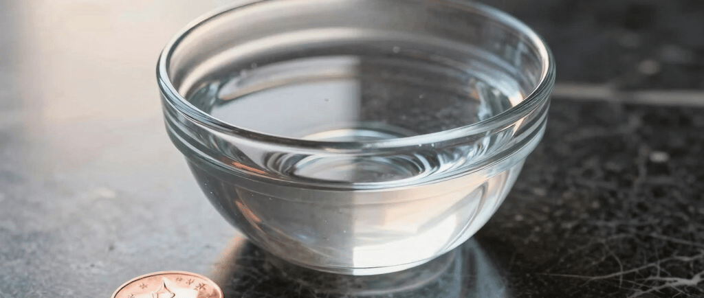 Clear glass bowl of water on a dark marble surface with copper coins.