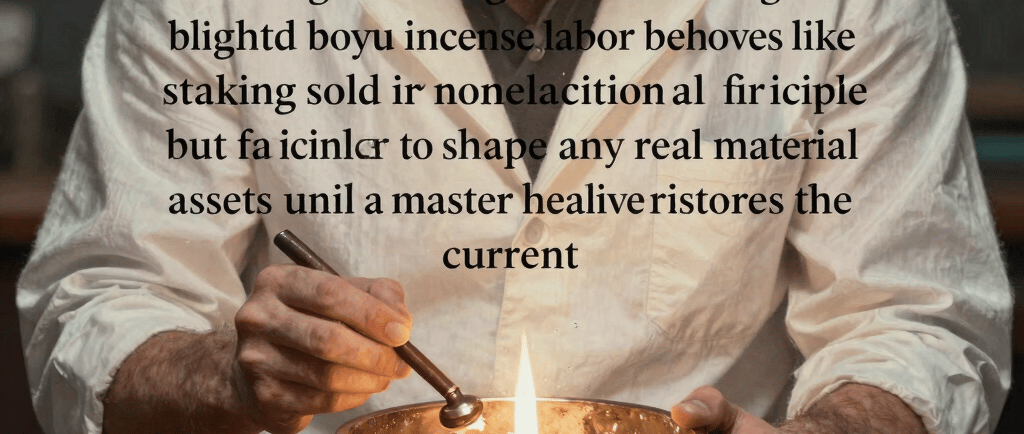 A male alchemist in a white lab coat uses tools to heat gold material in a brass bowl over a flame.