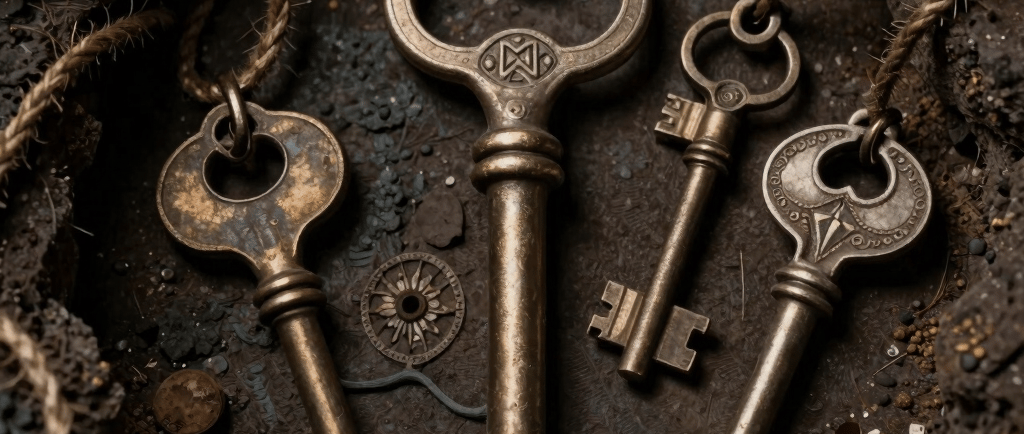 Set of vintage brass skeleton keys on rustic twine over dark earth with intricate metal details.