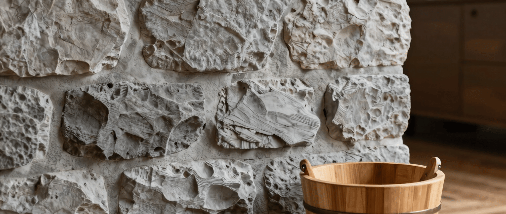 Rustic indoor sauna setting featuring a natural stone wall, wooden bucket, and white towel on cedar flooring.