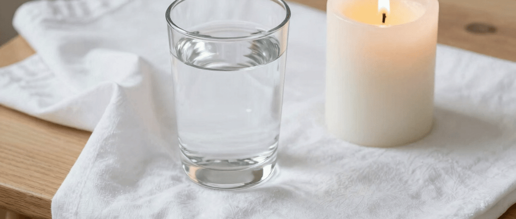 A glass of water and a lit white pillar candle on a white linen cloth over a wooden table.
