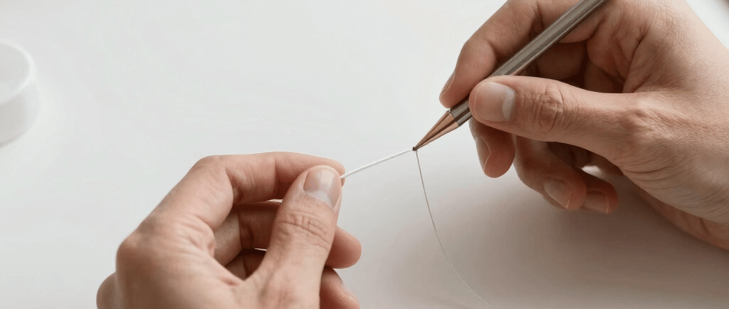 A person using a precision metal pen tool to handle a fine white wire on a clean white desk workspace.