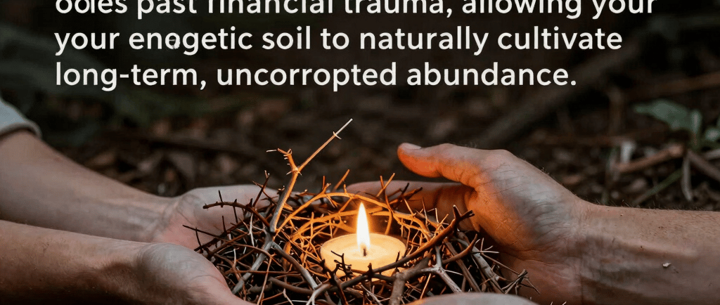 Hands holding a candle in a nest of thorns with text about extracting roots of scarcity and financial trauma.