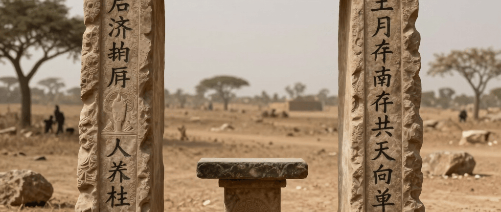 A rectangular stone monument with Chinese calligraphy inscriptions standing in a dry desert landscape.