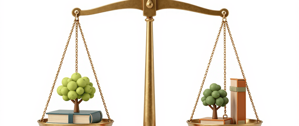 Golden scales of justice balancing books and miniature trees under the text Dynamic Balance.