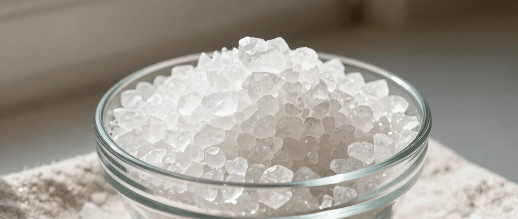A small glass bowl filled with coarse white sea salt crystals sitting on a linen cloth by a window.