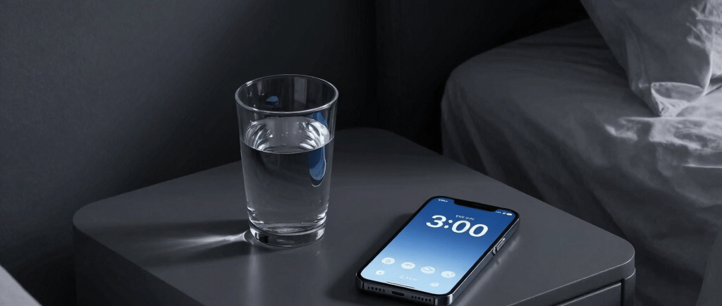 A smartphone and a glass of water on a modern grey nightstand next to a bed.