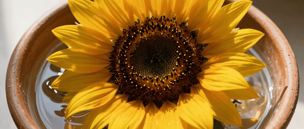 A bright yellow sunflower head floating in a terracotta bowl filled with water.