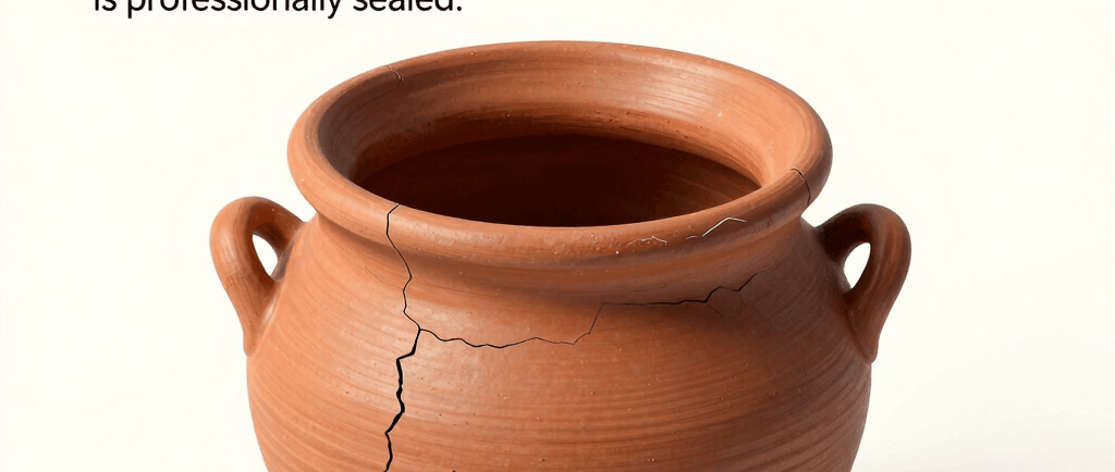 A cracked terracotta clay pot illustrating structural fissures and leaks in a financial context.