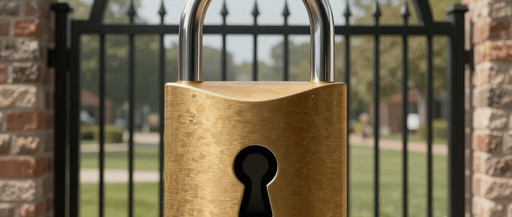 A large gold brass padlock floating in front of a locked black metal gate for property security.
