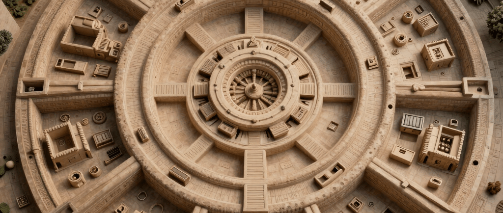 Aerial view of a circular stone ancient temple complex with intricate sandstone architecture and geometric courtyards.