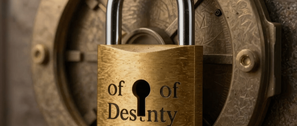 A vintage brass padlock with 'of Destiny' text secured to a decorative metal vault door.