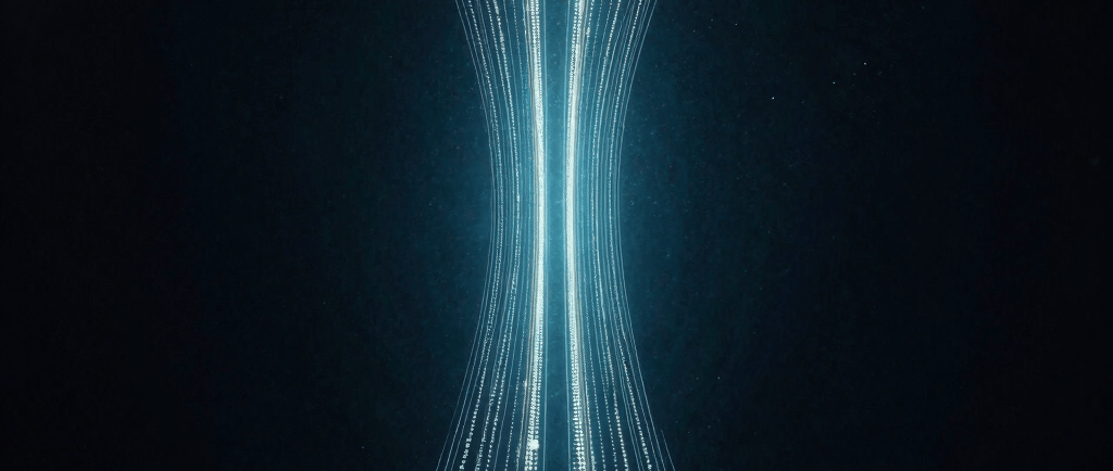Digital binary code stream forming a glowing blue hourglass shape on a dark background for data technology concepts.