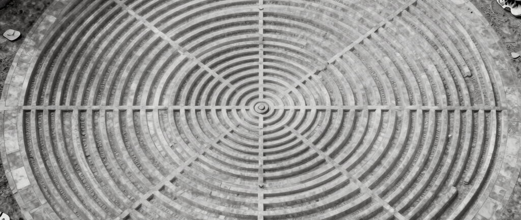 Aerial view of a circular stone meditation labyrinth in a black and white garden setting.