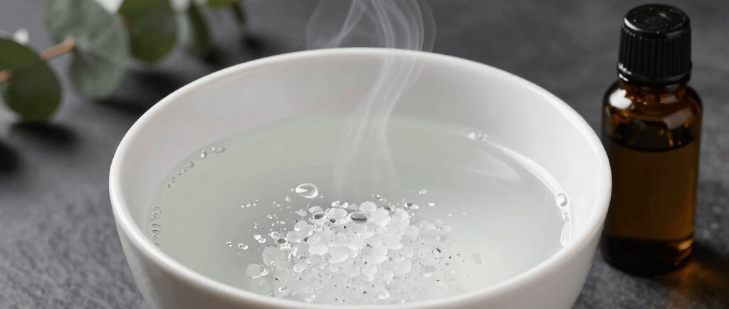 Steam rising from a white bowl of hot water with essential oils and eucalyptus for facial steaming.