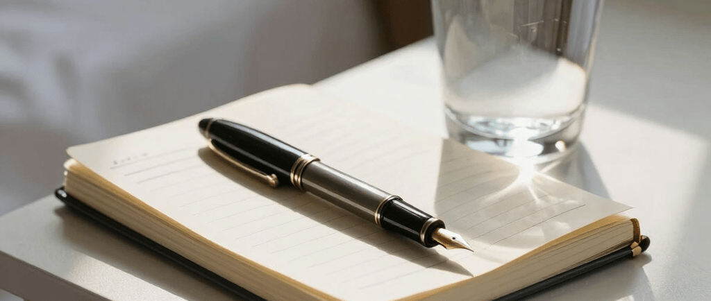 A classic fountain pen resting on an open journal next to a glass of water on a white nightstand.