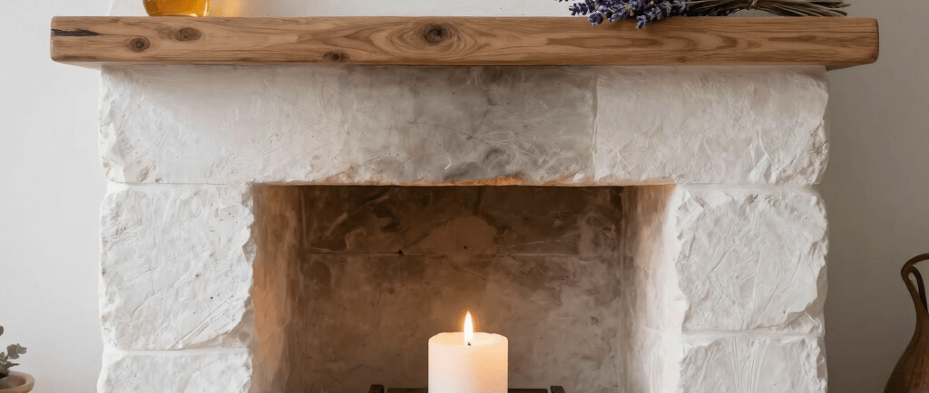 Rustic stone fireplace with a lit white pillar candle, wooden mantel, honey jar, and lavender bouquet.