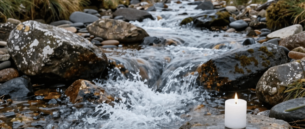 A lit white pillar candle sits on a wet rock beside a rushing mountain stream in a rocky valley.