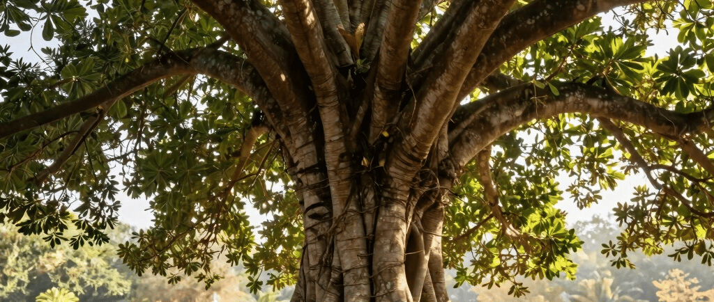 Massive banyan tree with thick spreading roots and a dense green canopy in a sunny public park.