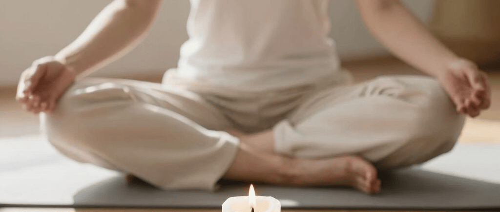 A person practicing mindfulness meditation on a yoga mat with a lit candle for relaxation.