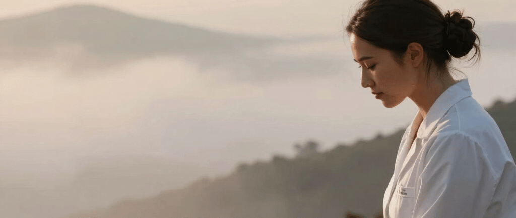A woman receiving a psycho-spiritual clearance massage therapy session in a scenic mountain setting.