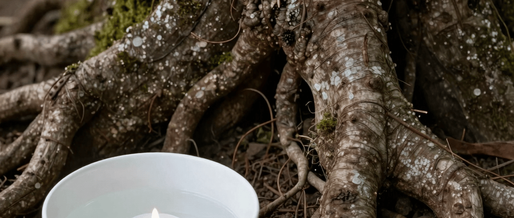 A white floating candle burning in a water-filled bowl at the mossy base of an ancient tree.