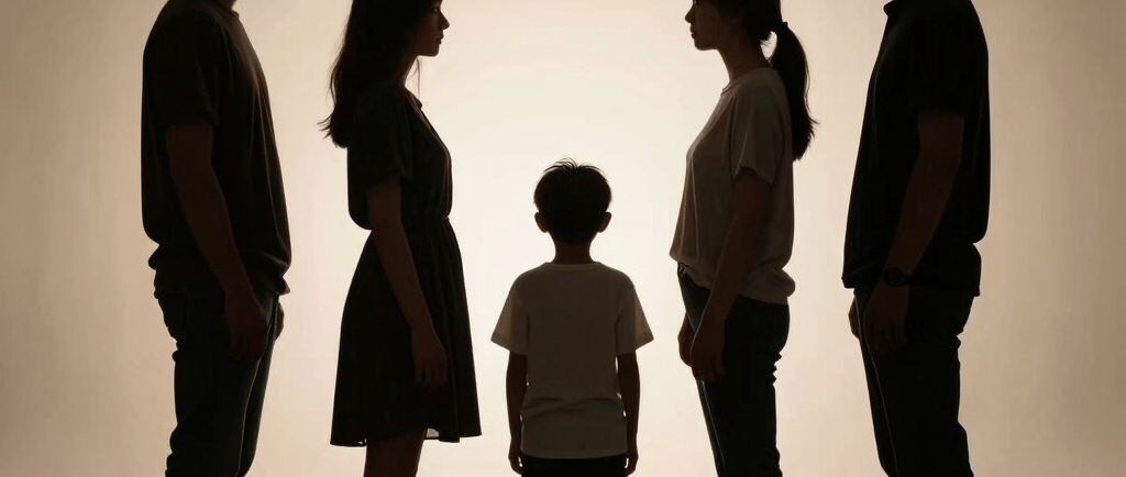 Silhouette of a family of five standing in a studio with a bright backlight.