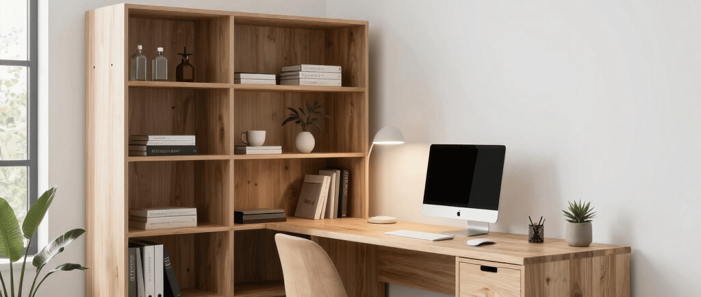Modern wooden L-shaped corner desk with bookshelf and chair in a bright home office.