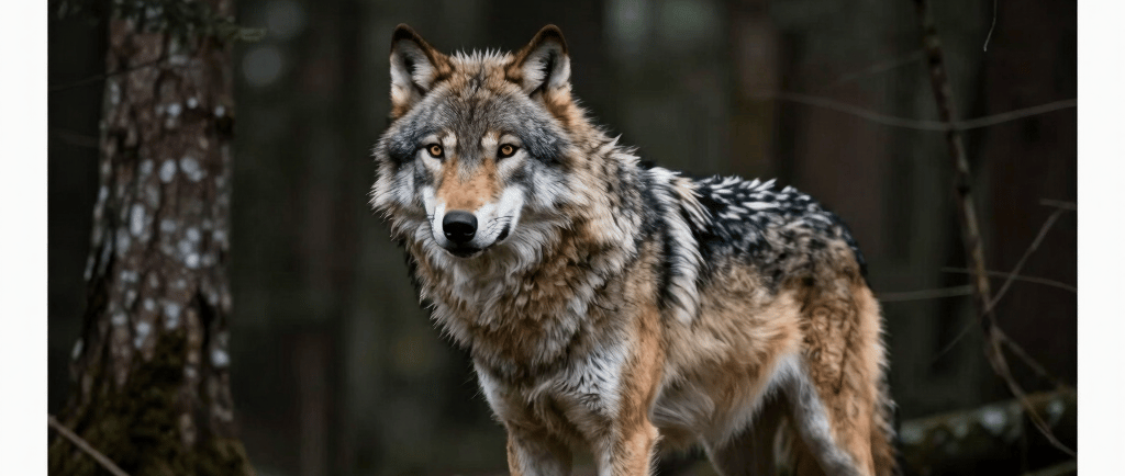 A majestic grey wolf standing in a dark forest setting with the text The Sentinel of Nav.