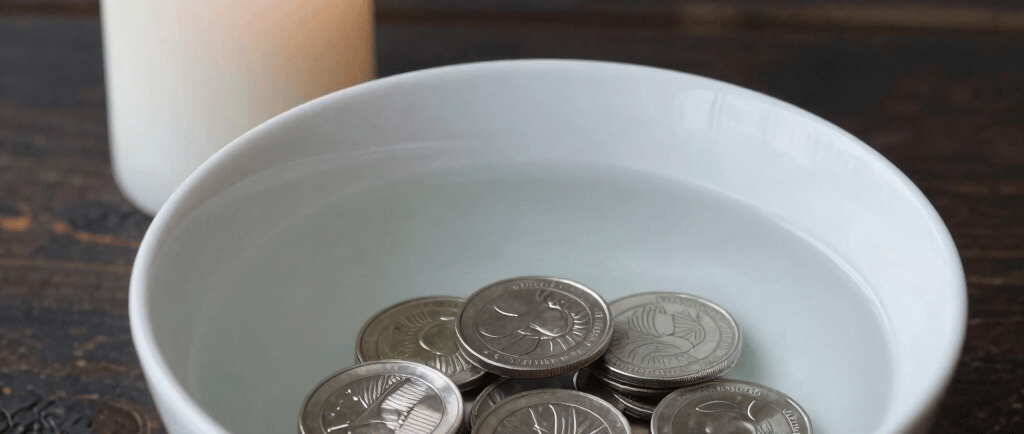 Silver coins submerged in a white bowl of water next to a lit candle for a ritual.